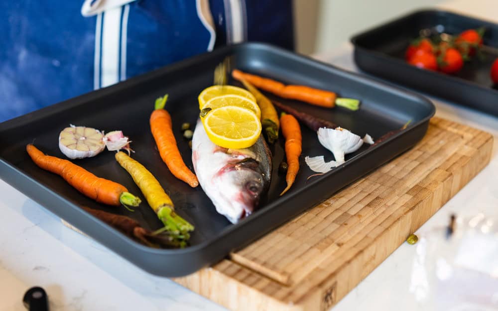 Everhot Hard Anodised Roasting Tray - Small - Food shot with baking tray