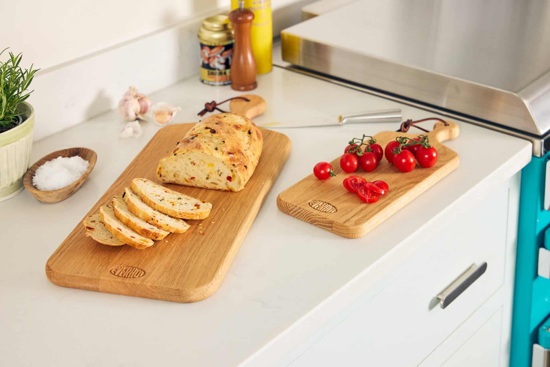 Everhot Oak Chopping Boards - Lifestyle with both sizes and food.